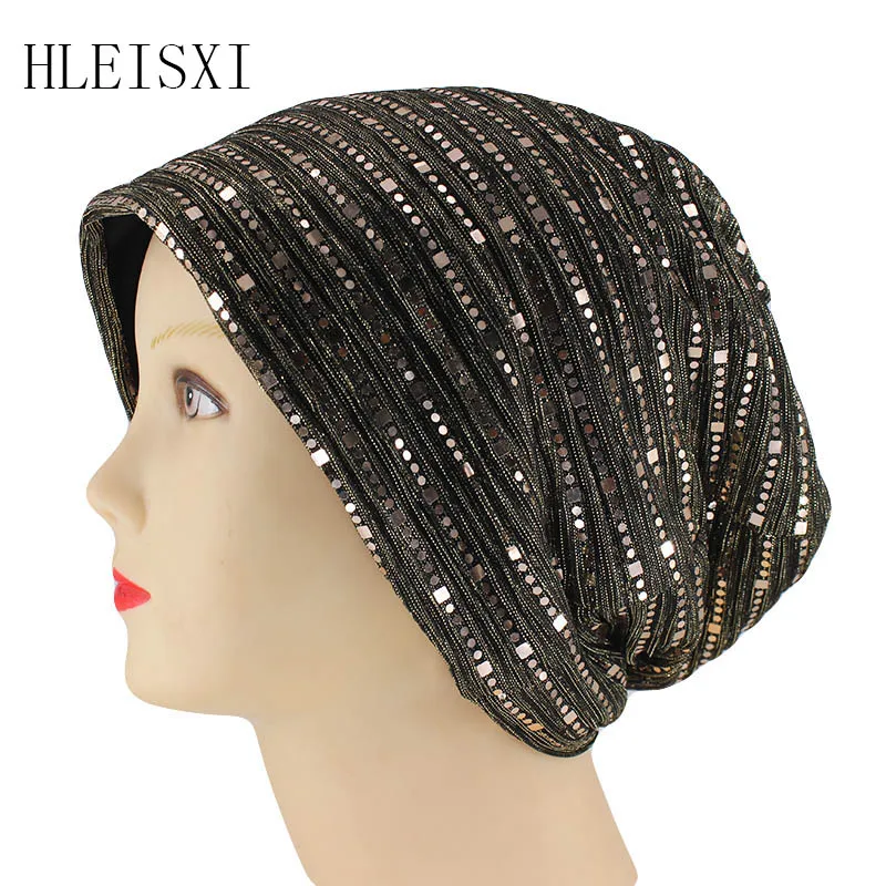 

New Fashion Women Autumn Warm Beanies Hat For Female Bonnet Sequins Girls Winter Beauty High Quality Cotton Gorras Sleeve Cap