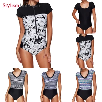 

2018 One Piece Swimsuit Short Sleeve Swimwear Sport Rash Guard Women Zipper Surfing Wear Sexy Monokini Rashguard Bathing Suit