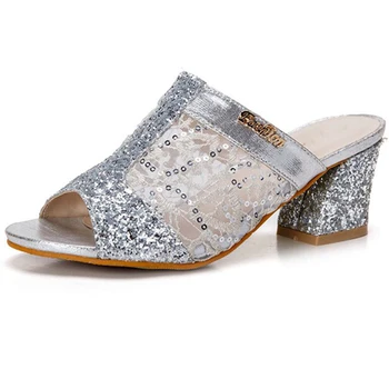 

Nice Rough HHeel Women Sandals Summer New Net Yarn Sequins Breathable LO Mother Sandals Fish Mouth Cool Non-Slip Slippers