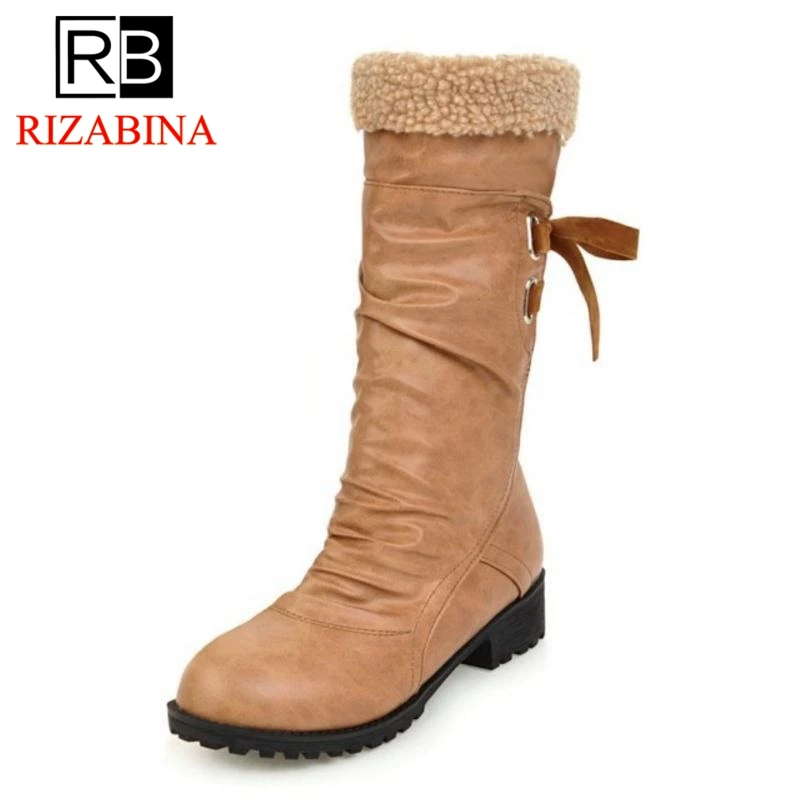 

RizaBina Size 34-43 Women Flats Boots Classic Plush Fur Bowtie Round Toe Mid Calf Boots Winter Concise Shoes Women Footwear