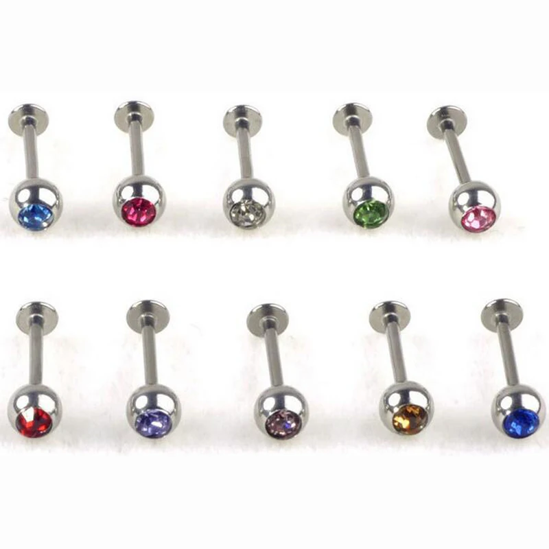 2 Pieces 16G 1.2x8x3mm Crystal Ball Lip Ring Labret Rings Tragus Rings