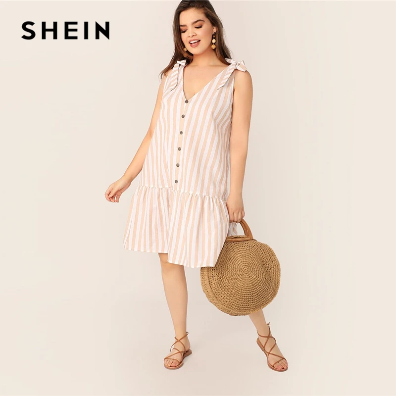 

SHEIN Plus Size Pink Two Tone Knot Shoulder Button Ruffle Hem Dress 2019 Women Summer Boho Drop Waist Sleeveless Striped Dresses