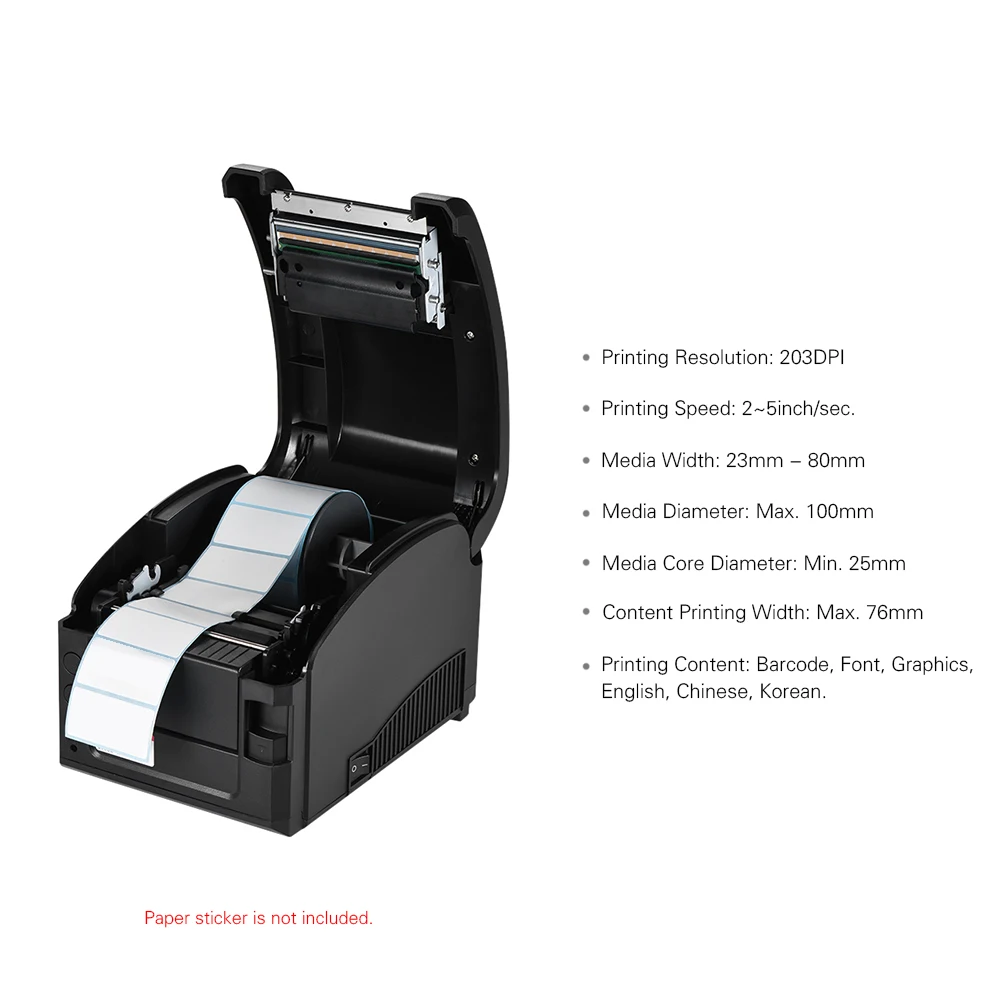 الحرارية طابعة لاصق ملصق الباركود التسمية الجرافيك طابعة عالية السرعة 23-80mm عرض الطباعة ل USB POS الكمبيوتر