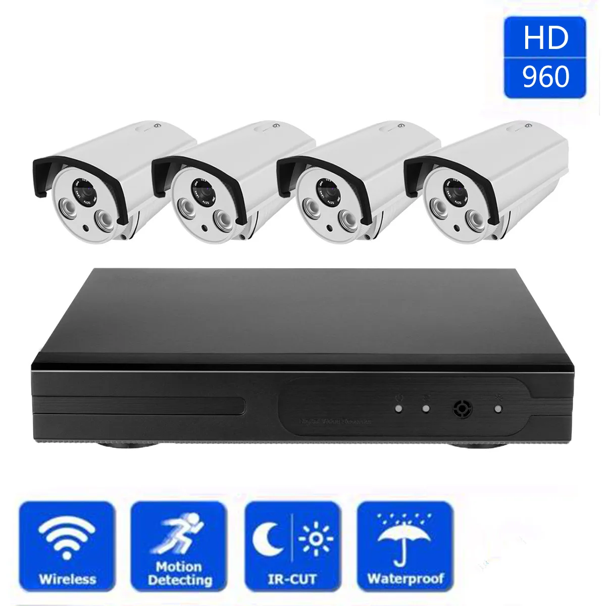 

100W 4CH Wireless 720P/960P/1080P WiFi CCTV IP Cameras Kit Security Camera Video Recorder NVR System US Plug 12V-2A