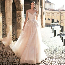 Светло-розовое свадебное платье трапециевидной формы на тонких бретельках, платье невесты, сексуальное простое кружевное платье с аппликацией, длинное свадебное платье в стиле бохо
