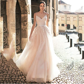 

Light Pink A Line Wedding Dress Spaghetti Straps Bride Dress Sexy Simple 2019 Lace Appliques Boho Long Bridal Gown