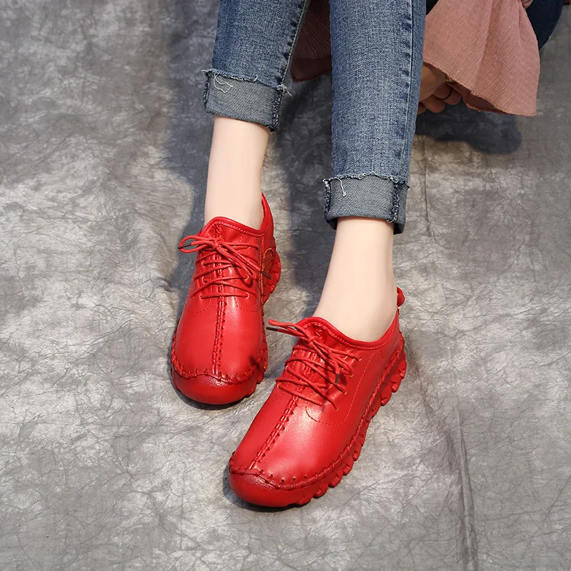 Летняя женская повседневная обувь с мягкой подошвой; большие размеры; женская обувь из натуральной кожи; цвет белый, красный; прогулочная обувь на плоской подошве ручной работы - Цвет: Красный