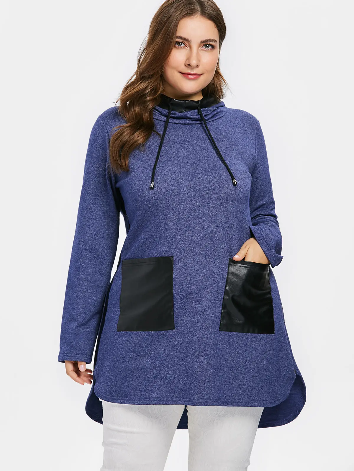 

wipalo Women Plus Size Color Block Drawstring Hoodie Faux Leather Pockets High Low Hoodie Ladies Long Sleeve Pullovers Outwear