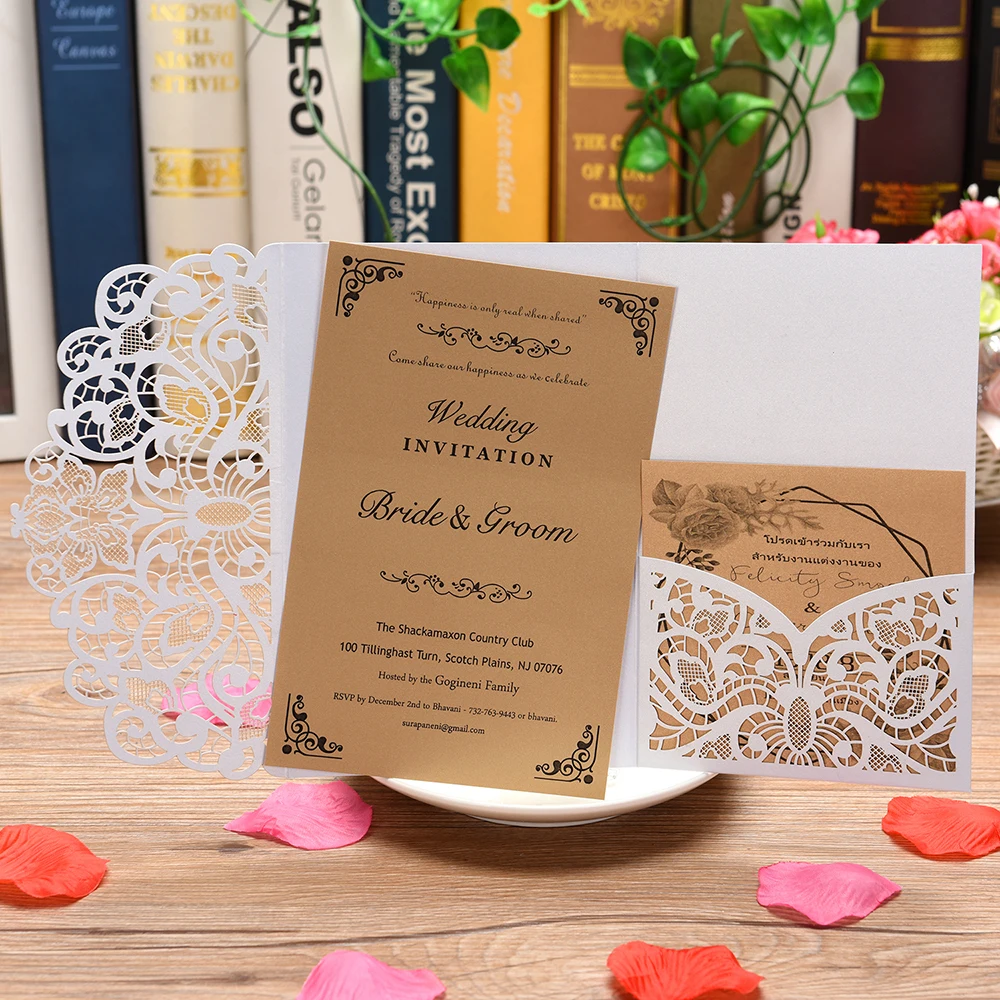  5 Sets Wedding Invitation Cards Laser Cut Floral Design Invites Pocket for Bridal Showers Engagemen - 33054135878