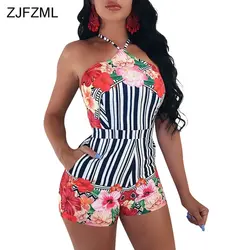 ZJFZML черный, белый цвет в Вертикальную Полоску пикантные короткие Playsuit для женщин Холтер рукавов цветочный принт комбинезон с открытыми