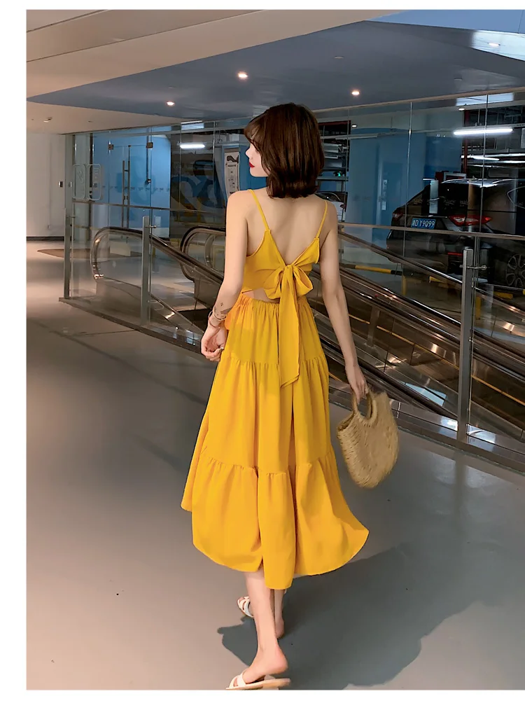 Женское летнее имбирное длинное пляжное платье, милое элегантное платье для отдыха, женский тонкий желтый сарафан, женское винтажное коктейльное подиумное корейское платье