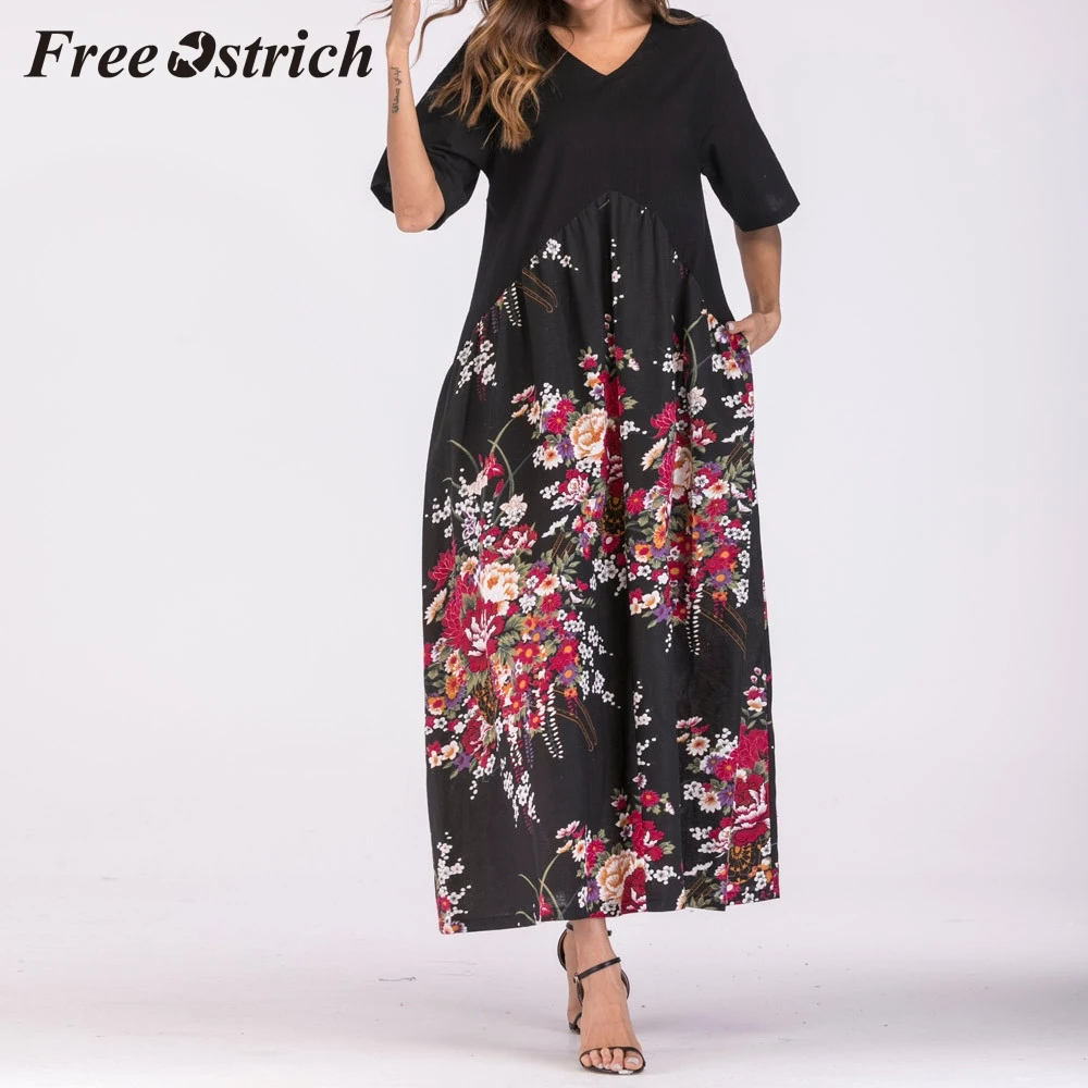 

Free Ostrich 2019 Women Short Sleeve Thin Cotton Loose Long Bohe Pockets Dress Floral Kaftan Summer V Neck Casual Black Dress