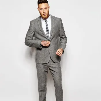 Ceny Najnowszy Garnitur Fasony Spodni Szary Tweed Niestandardowy Smoking Pana Młodego Slim Slim Fit, Blezer Garnitury Męskie Formalne 2 Kawałki Masculino Garnitur Kurtka + Spodnie