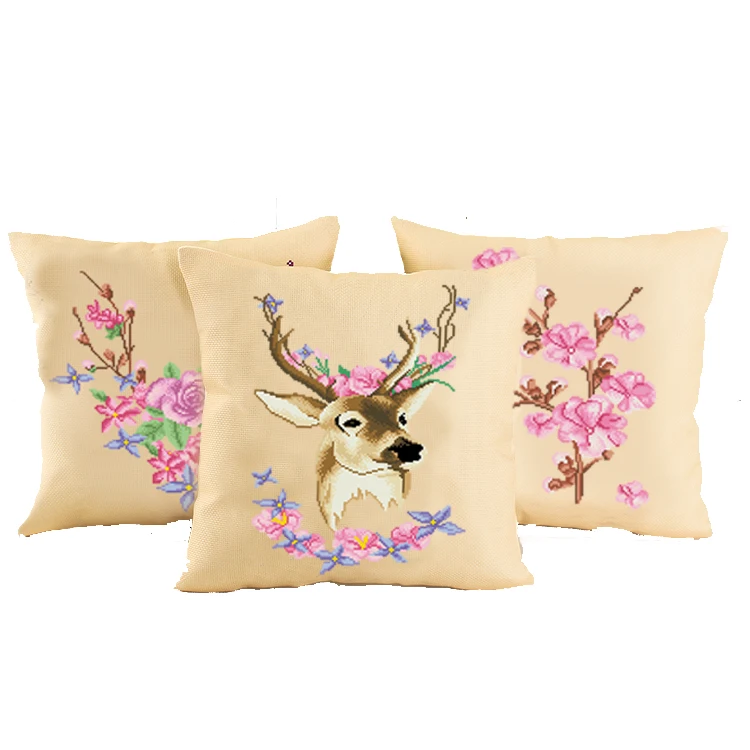 

DIY 100% Precise Printed Unfinished Cross Stitch Kits Embroidery Needlework pillow case Kits, deer and flowers