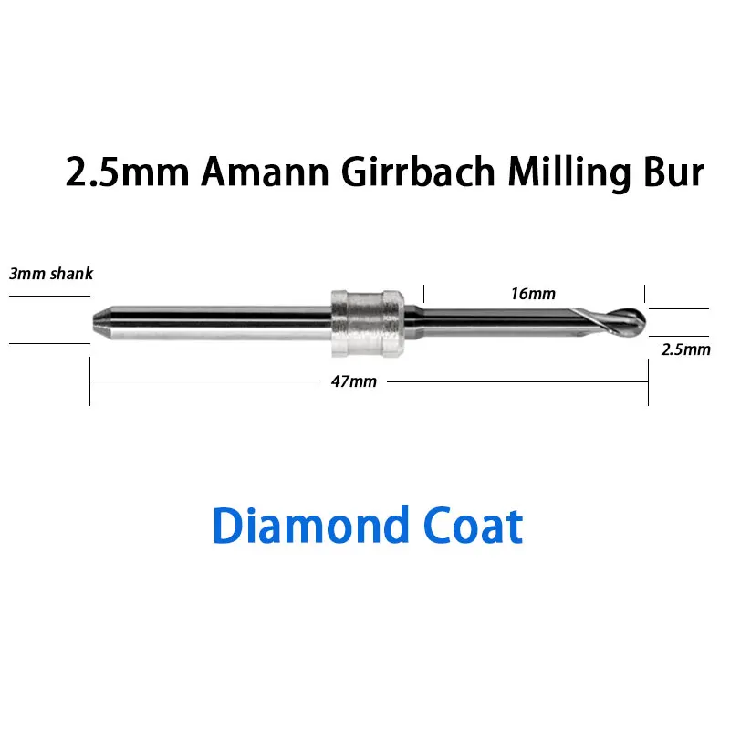 

2.5mm Diamond Coat Amann Girrbach CADCAM Milling Carbide Tool Burs 47mm Total Length High Quality
