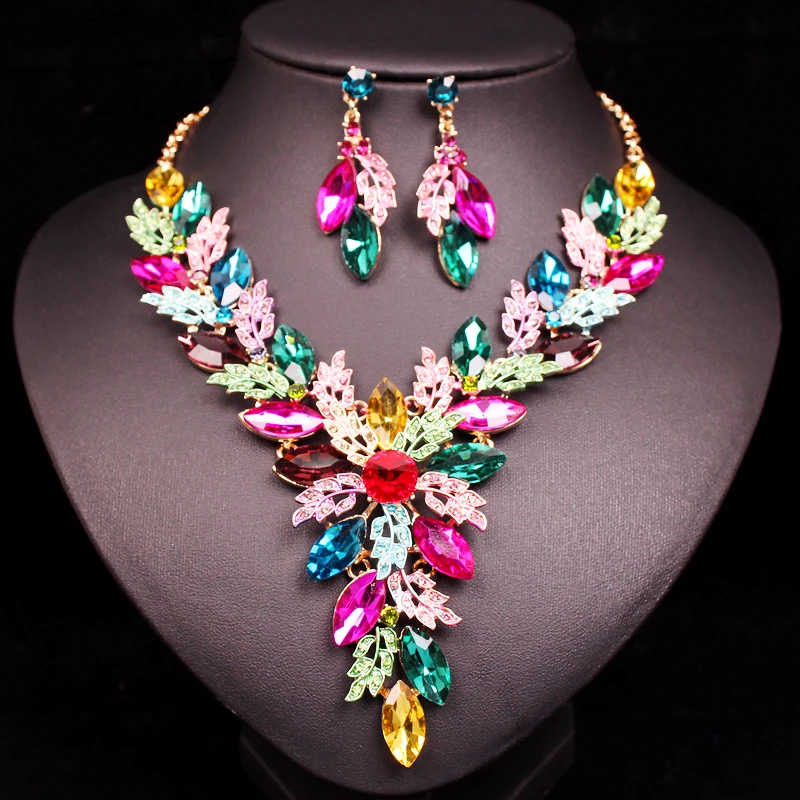 

Fashion Leaves Crystal Bridal Wedding Jewelry Sets for Women Gold Color Plated Necklace Earring Sets Prom Party Costume Jewelry