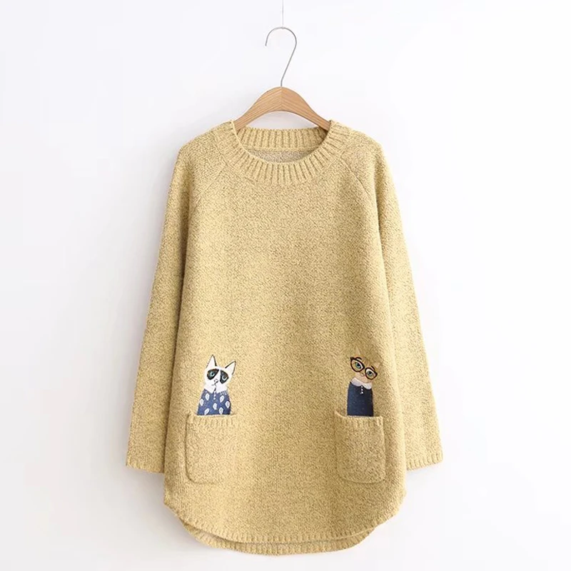 Winter Harajuku casual cute cat embroidered long sleeved round neck