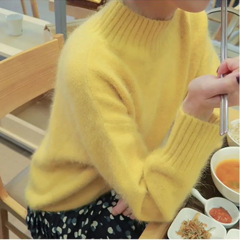 Женская простая вязаная водолазка из кашемира, теплый толстый пуловер с имитацией норкового кашемира, осень-зима