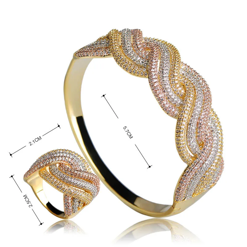 Dazz наборы ювелирных изделий для свадебной вечеринки роскошные медные Стразы закрученная форма широкий браслет кольцо набор три тона цвета женские большие кольца