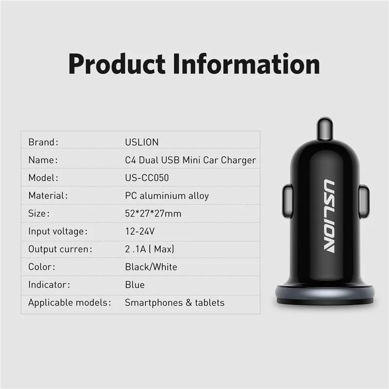 USLION автомобильное зарядное устройство для быстрой зарядки для мобильного телефона Универсальный двойной Usb адаптер для быстрой зарядки мини-адаптер для автомобиля 5 в 2,1 а мощность