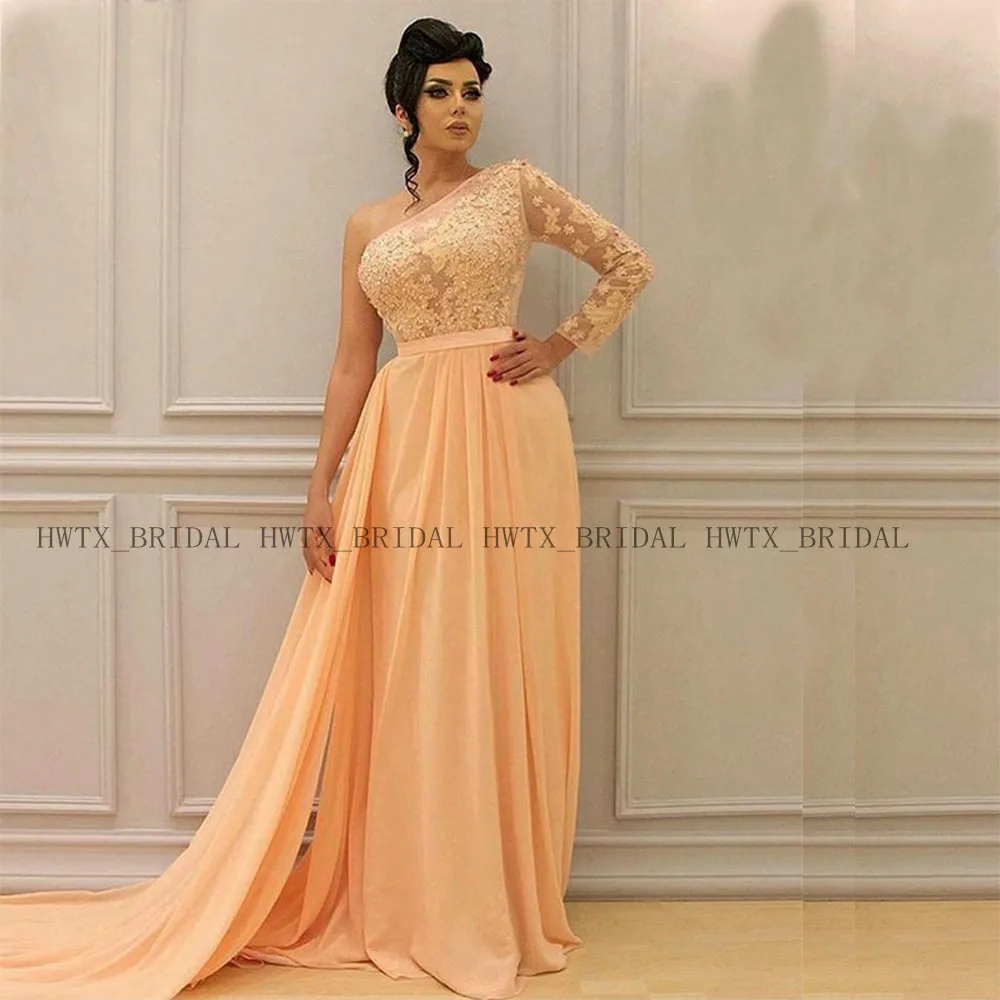 

Saudi Arabia Long Evening Dress 2019 Elegant A-Line Chiffon One Shoulder Long Sleeves Lace Dubai Party Formal Prom Dresses Gown