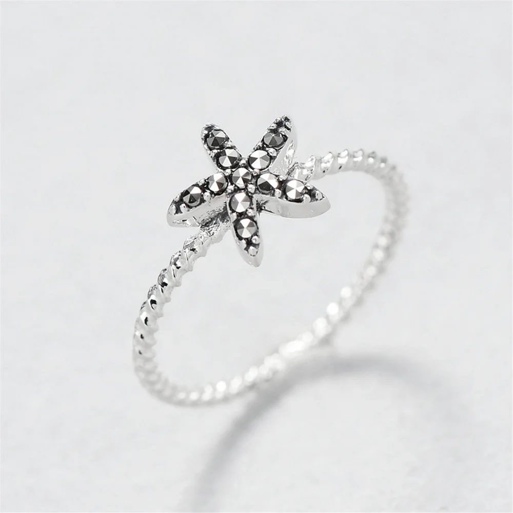 black cz Starfish ring 100% Sterling 925 silver Jewelry Vintage Adjustable rings for women gift