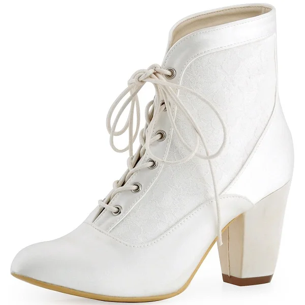 Женские зимние ботинки Свадебная обувь для невесты женские атласные туфли-лодочки на не сужающемся книзу массивном каблуке, на шнуровке, с острым носком, белого цвета и цвета слоновой кости; HC1528 - Цвет: Ivory
