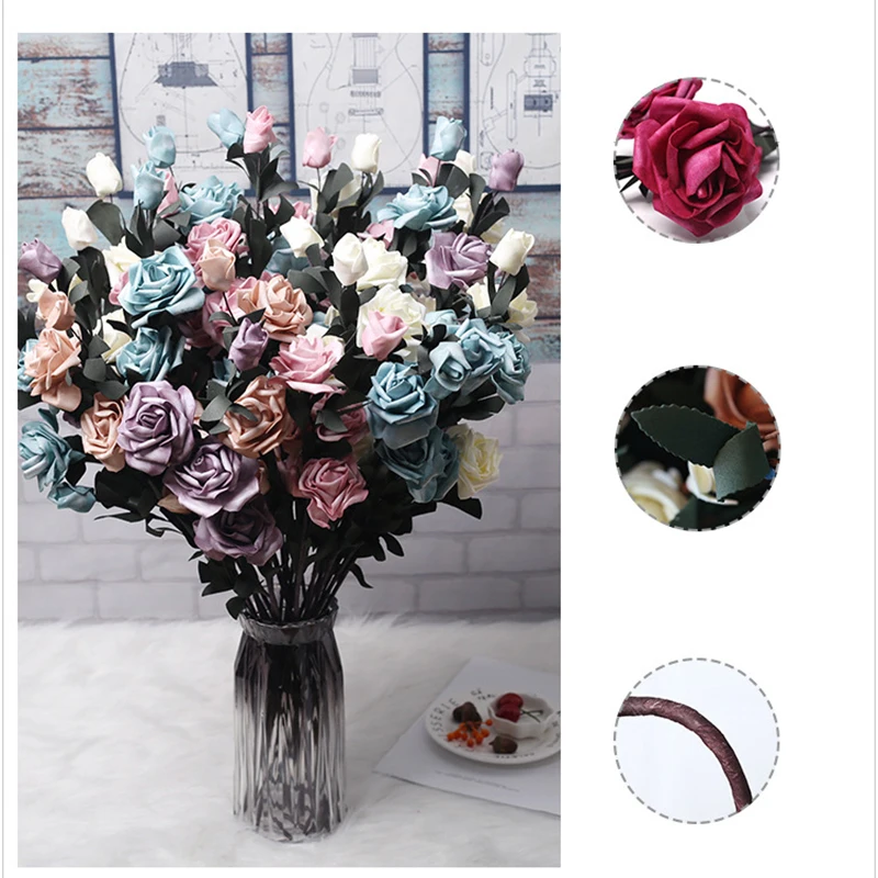 10PCS 5 Heads Artificial PE Rose Flower Fake Flowers Bouquet for Wedding Party Xmas Home Table Decoration 69CM Rose Flowers