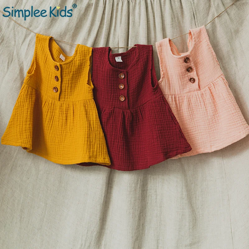 

Baby Girls Vest Spring Dress Button Sleeveless Round Neck Solid Cotton 2019 Mini Dresses Casual Baby Girl Summer Clothes 1-4Y