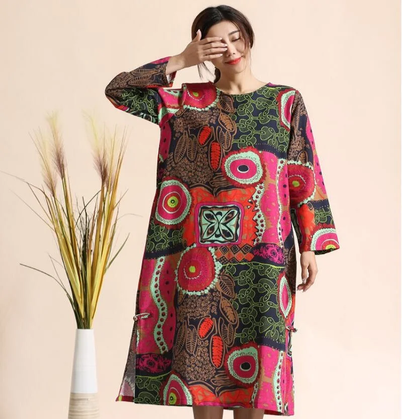 Cotton made Flower Pattern printed loose China long robes casual retro ...