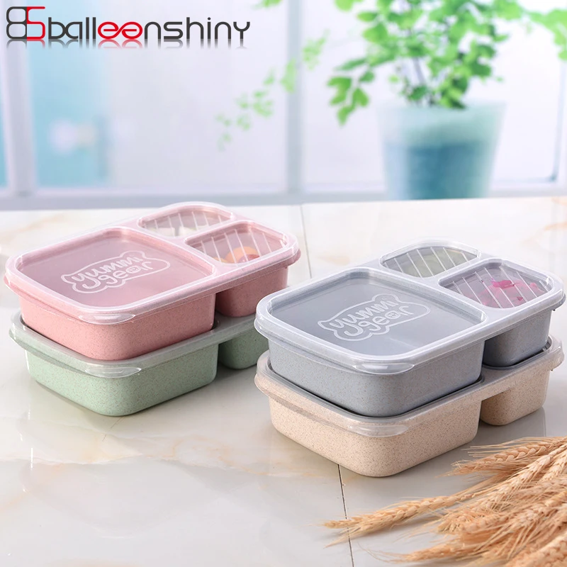

BalleenShiny Wheat Straw Lunch Bowl Box Square Natural 3 Grid Bento Boxes Microwave Multilayer Design Portable Fruit Storge