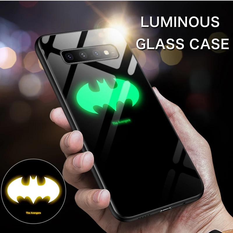 

Marvel Luminous Tempered Glass Phone Case Batman Captain America Back Cover For Samsung S7 8 9 10 Note 8 9 Plus Avengers Case