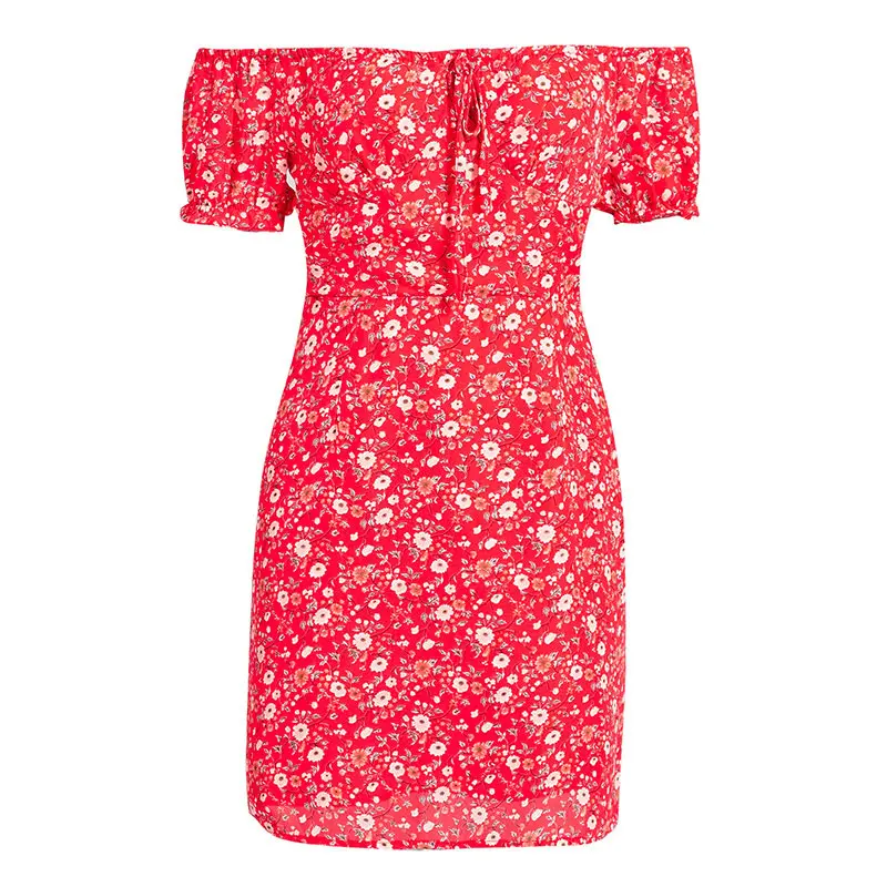 Женское платье с открытыми плечами, с коротким рукавом, с цветочным принтом, Пляжное летнее платье, сексуальное мини облегающее платье, сарафан, праздничные платья, Халат - Color: Red 1