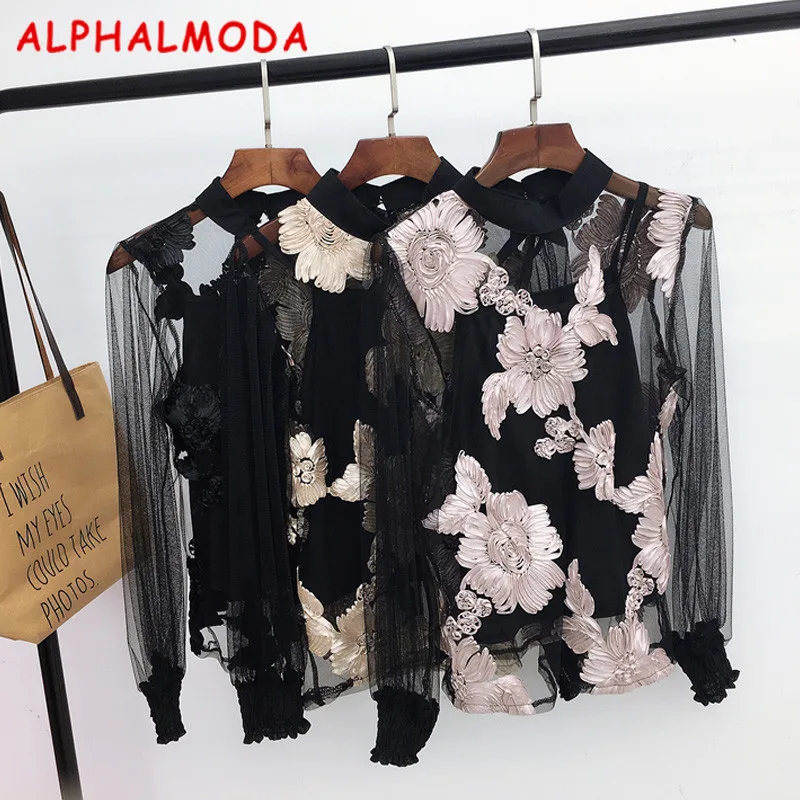 Meilleur ALPHALMODA 2017 Automne Femmes à manches longues 3D Fleur Doux Chemisiers En Dentelle Maille Creuse Perspective Dames Sexy Floral Chemises + élingue