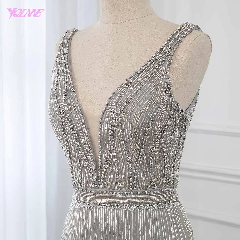 Luxury Sliver Rhinestones Evening Dresses Long Deep V-neck Mermaid Formal Gown Sleeveless YQLNNE