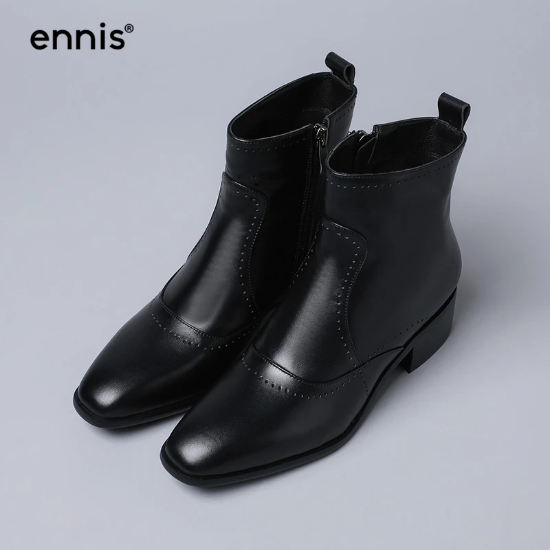

ENNIS Brand New Style Women Square Toe Ankle Booties Med Heel Comfortable Shoes Genuine Leather Hollow Out Roman Boots A7108