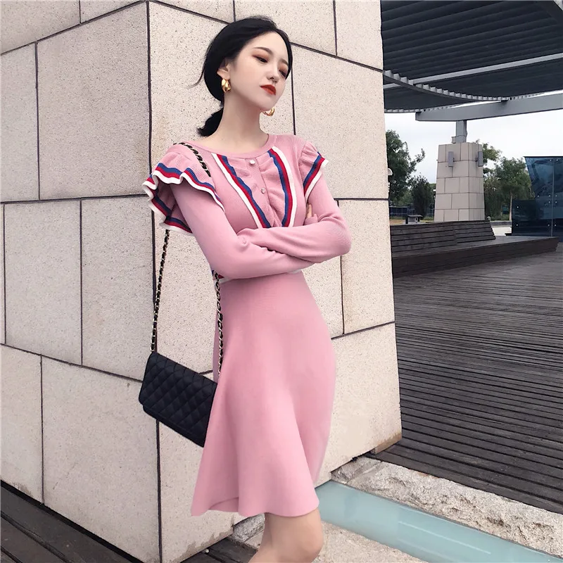 Осенний стиль модные бренды Женская Одежда Трикотажные Slim fit Тонкий Платье