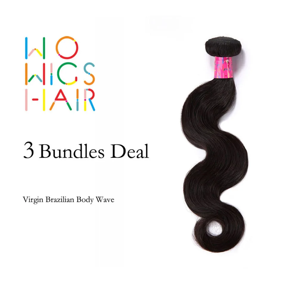 WoWigs Hair Brazilian Virgin Hair Body Wave 3 Bundles Deal Natural Color 1B