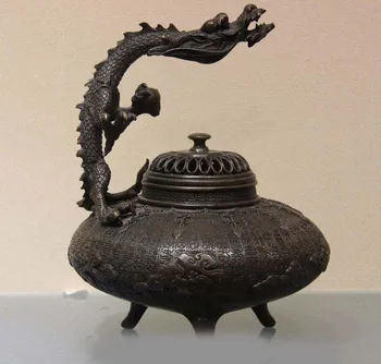 

9" Chinese Art Pure Bronze Temple Copper Dragon Hold Bead Incense Burner Censer