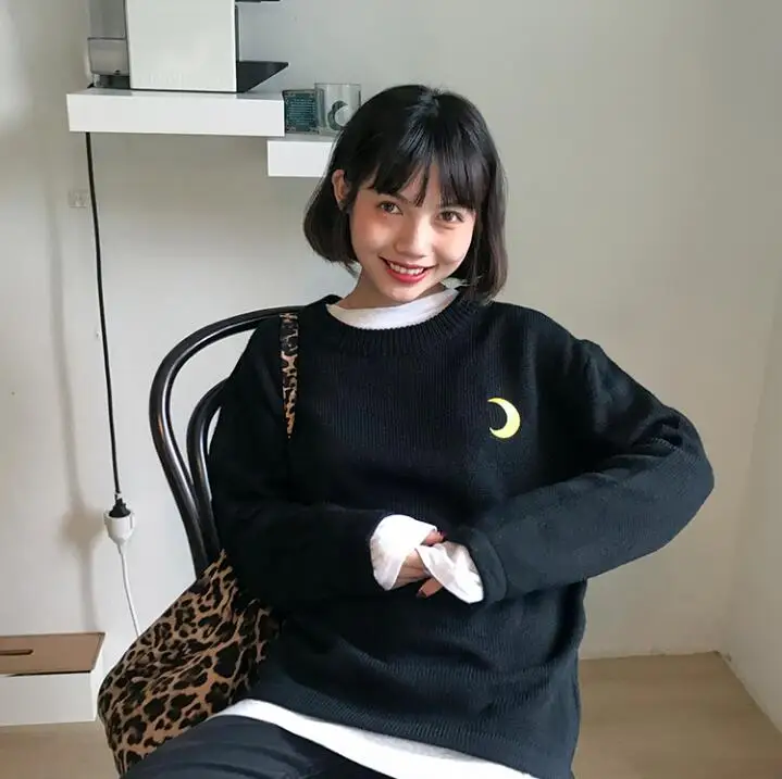 Женские повседневные свитера, японский Kawaii Ulzzang Cloud Sun, мультяшный пуловер, Женская Корейская одежда Harajuku для женщин - Цвет: Черный