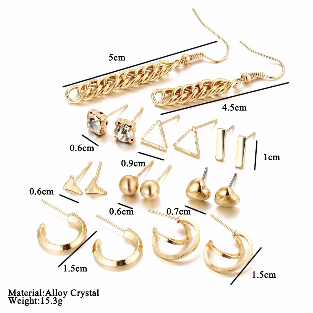 17 км, 9 пар/компк, серьги с кисточками и кристаллами, наборы для женщин, для влюбленных, серебро, золото, смешанный цвет, сердце, треугольник, подарочные серьги-гвоздики