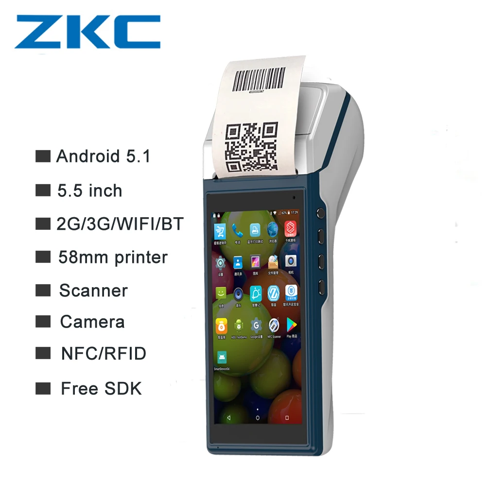 Оригинальный ZKC5501 Android Мобильный POS Встроенный Bluetooth принтер сканер штрих кода