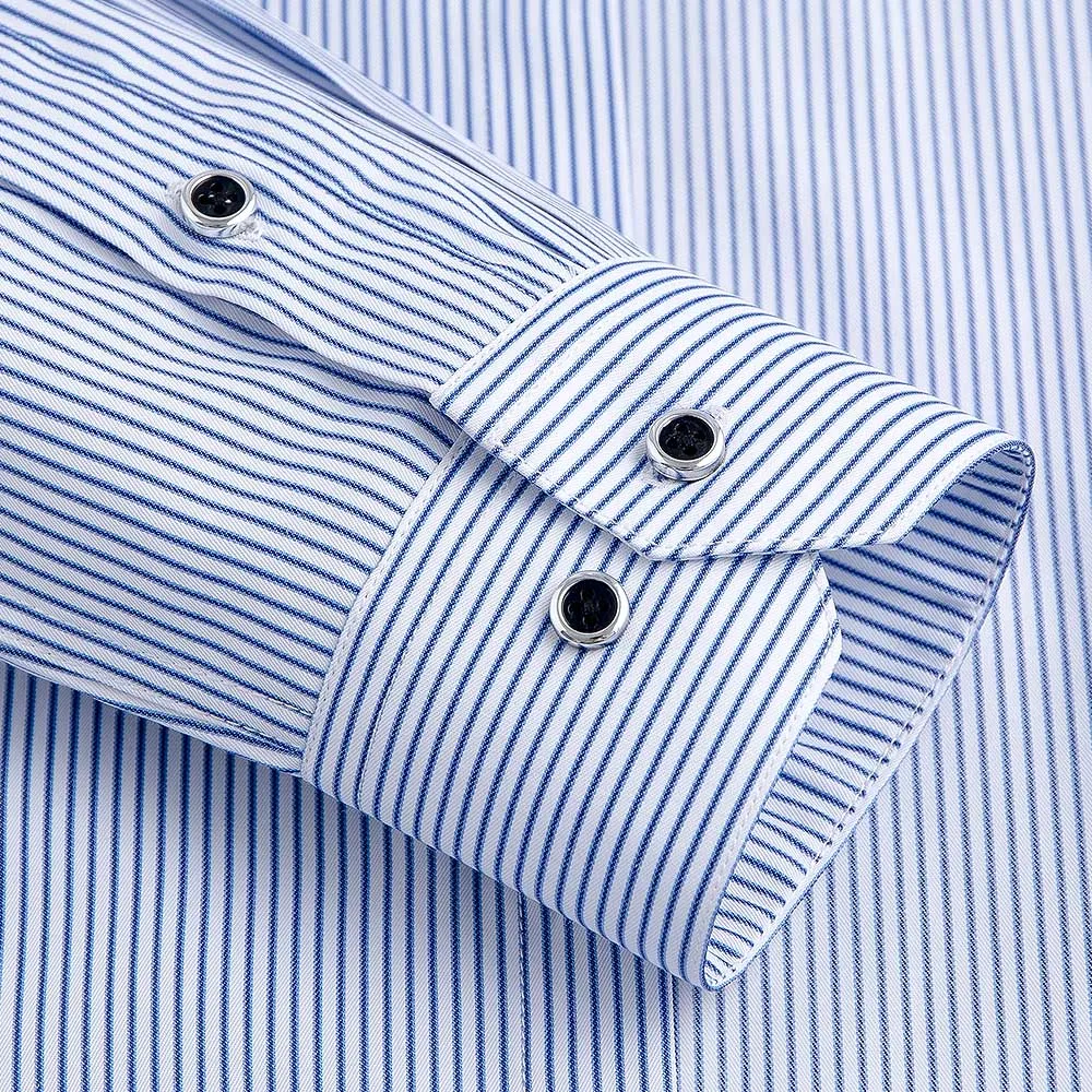 Stand Collar Striped Shirts Slim Fit Non-iron Business men Dress Shirts Long Sleeve Social Male Tops Front Pocket Easy Care