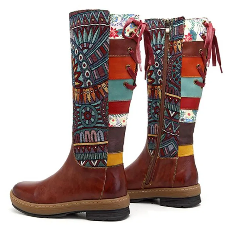 Tacón De Moda Mano Grueso Genuino A Bohemio Estilo Hechas Cálidas Otoño brown Invierno Medias Blue Botas E Cuero Mujer Z0HZd