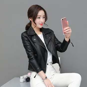 

New Spring Autumn Short paragraph Turn-down Collar Fashion Women Leather & Suede 2020 Long Sleeve Women's Leather Jacket NUW84