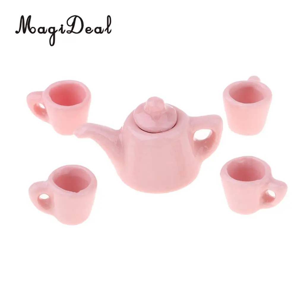 5 Pieces 1/12 Dollhouse Miniatures Dining Ware Porcelain Tea Cup Set Kitchen Accessory Pink