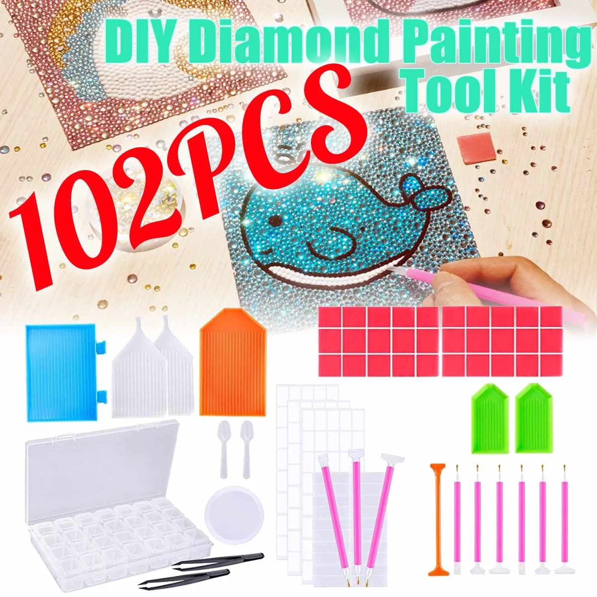 

102PCS Diamond Painting Tools Cross Stitch Kits DIY Embroidery Pen Tweezers, Storage Box, Sticker Diamond Painting Accessories