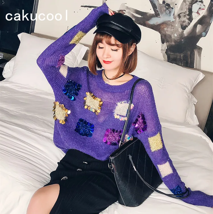 Cakucool пайетки тонкий свитер Для женщин шею блестящие Джемперы Knit Pull Корейская
