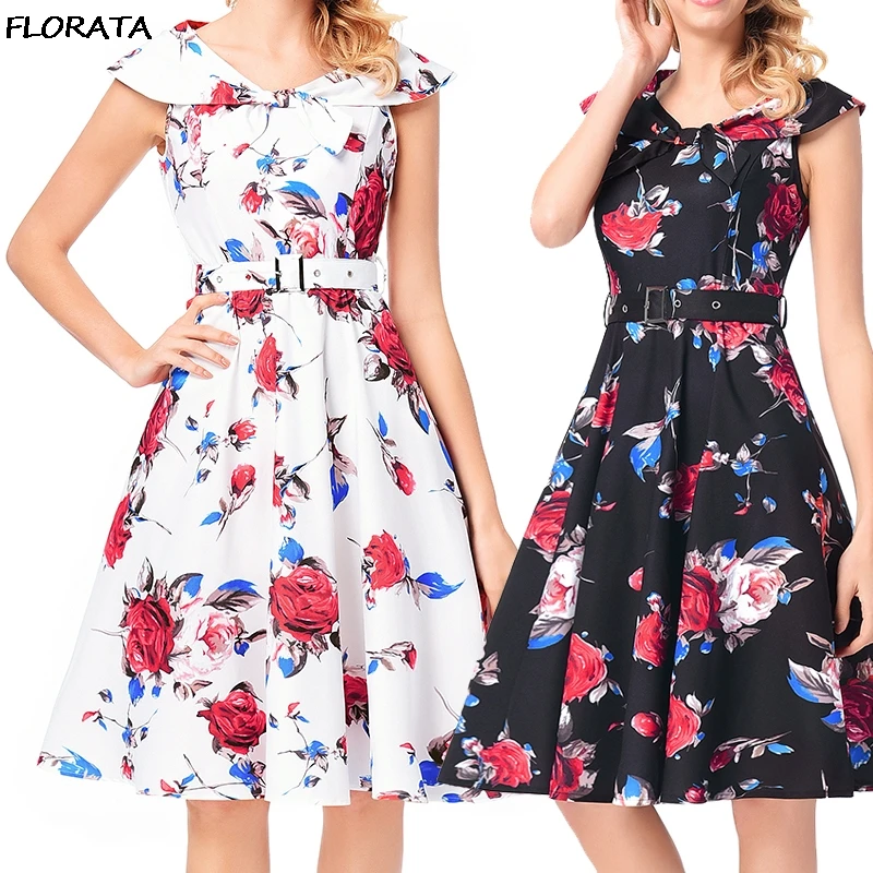 FLORATA 2019 Women New Arrival Floral Vintage Hepburn Printing Sleeveless Navy Collar High Waist Knee A-Line Dress Cotton Blend