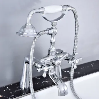 

Deck Mounted Bathtub Faucet with Hand Shower Chrome Bath Tub Mixer Tap Dual Handles Bath Shower Faucet Cold and Hot Water Taps